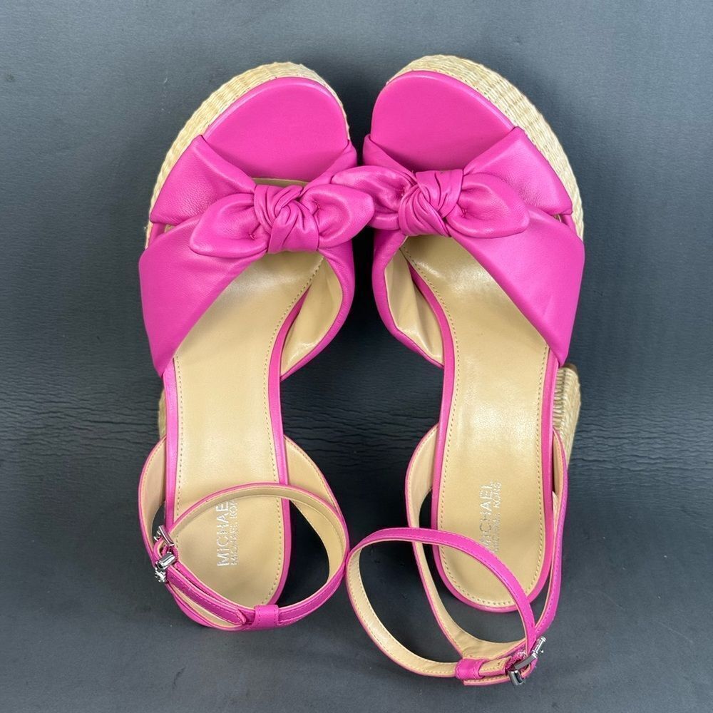 Womens Michael Kors Sadie Hot Pink Bow Heels Ankle Strap Leather sandals size 9 - Picture 7 of 9